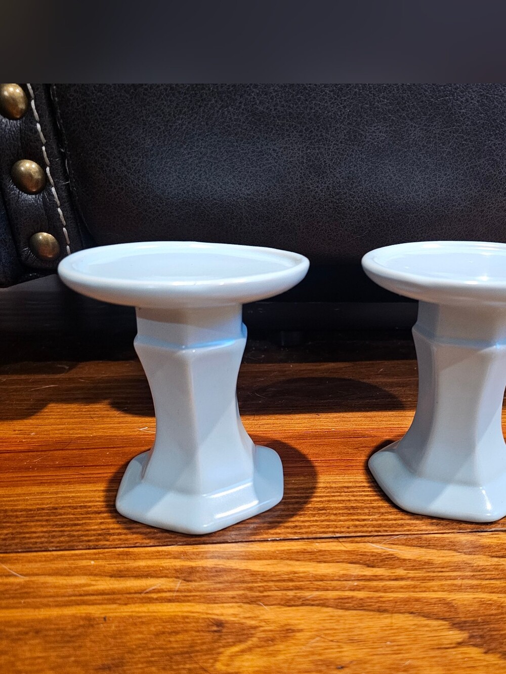 Antique Light Blue Ceramic Pillar Candle Holders Mid Century